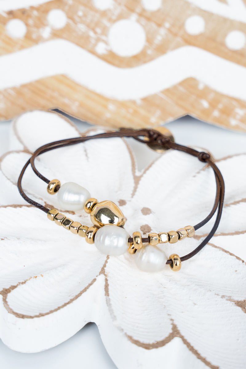 Fashionable Crystal Avenue Bracelet with Brown Cord, Freshwater Pearls and Worn Goldtone Beads