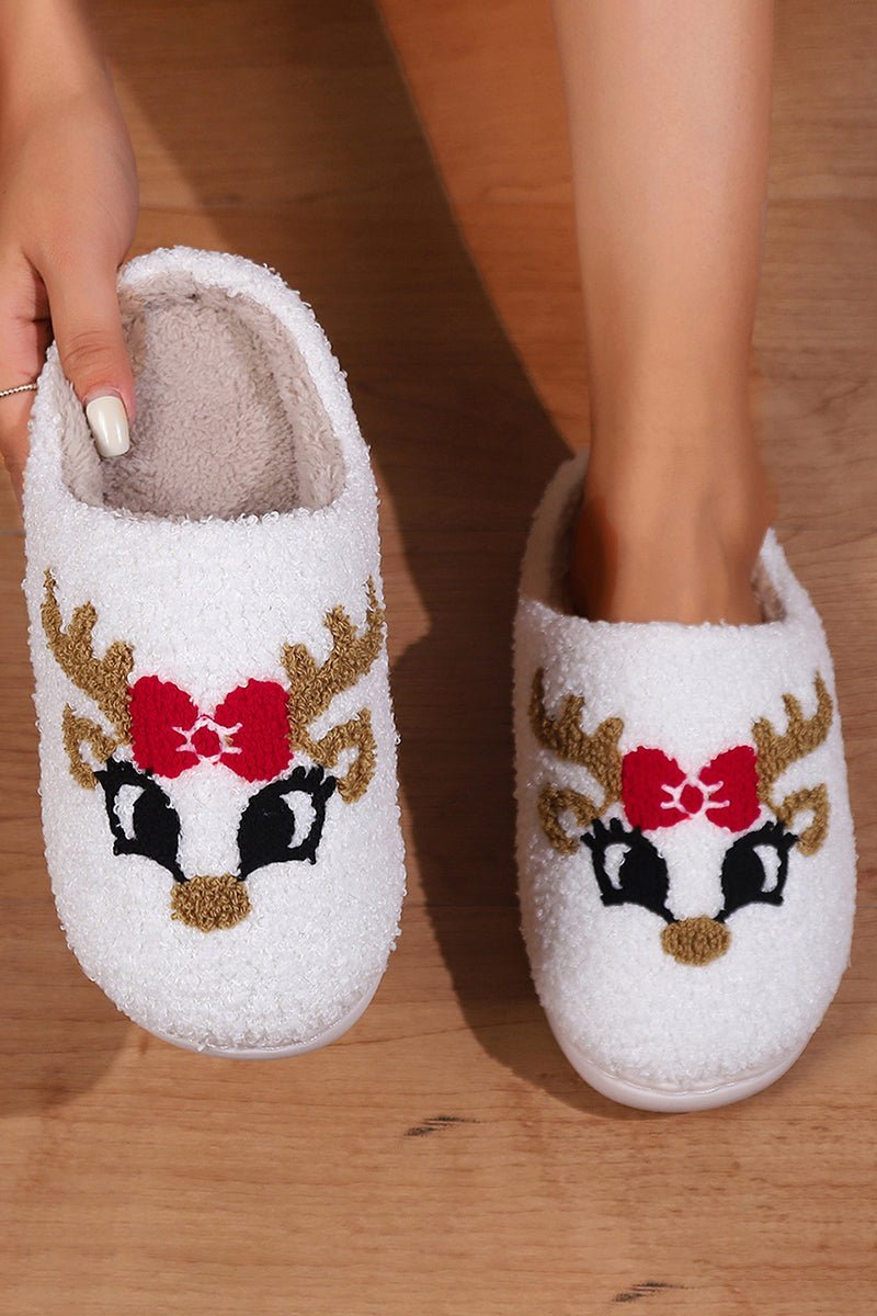 Adorable White Reindeer-themed Plush Slippers for Warm and Cozy Feet