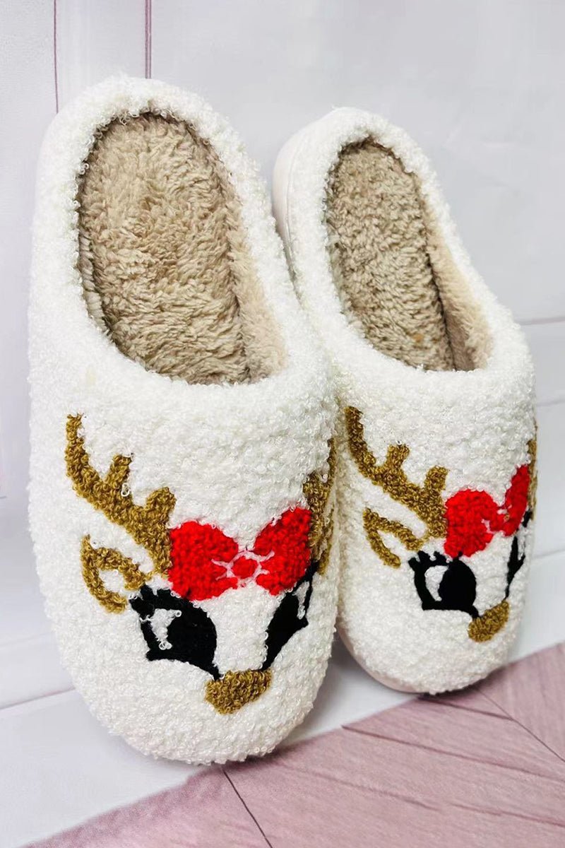 Adorable White Reindeer-themed Plush Slippers for Warm and Cozy Feet
