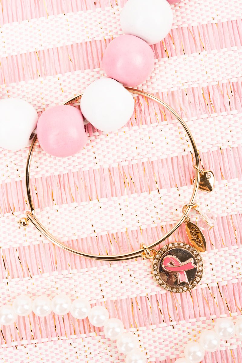 Fashionable Crystal Avenue Pink Ribbon Crystal and Gold - toned Jewelry Charm Bracelet for Breast Cancer Awareness