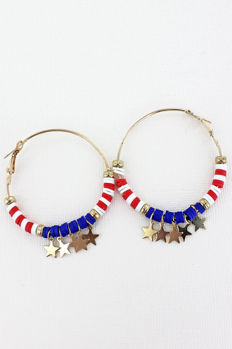 Stylish Crystal Avenue Patriotic Dangling Star Charm Goldtone Hoop Earrings for Jewelry Collection