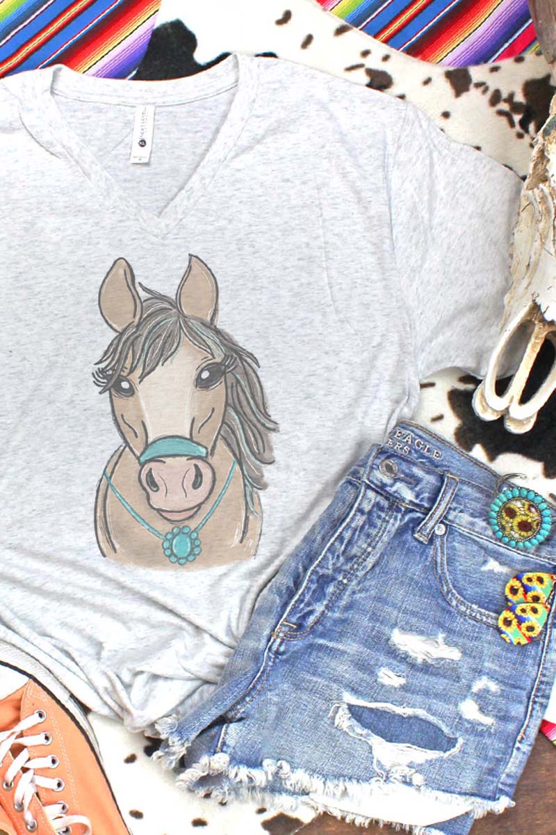 Stylish Turquoise Graphic Men's Tri - Blend V Neck Horse Print T - Shirt