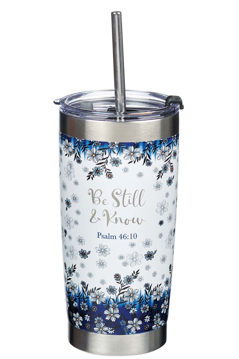 Blue Floral Design Stainless Steel Travel Coffee Mug with Reusable Straw for On - the - go Use