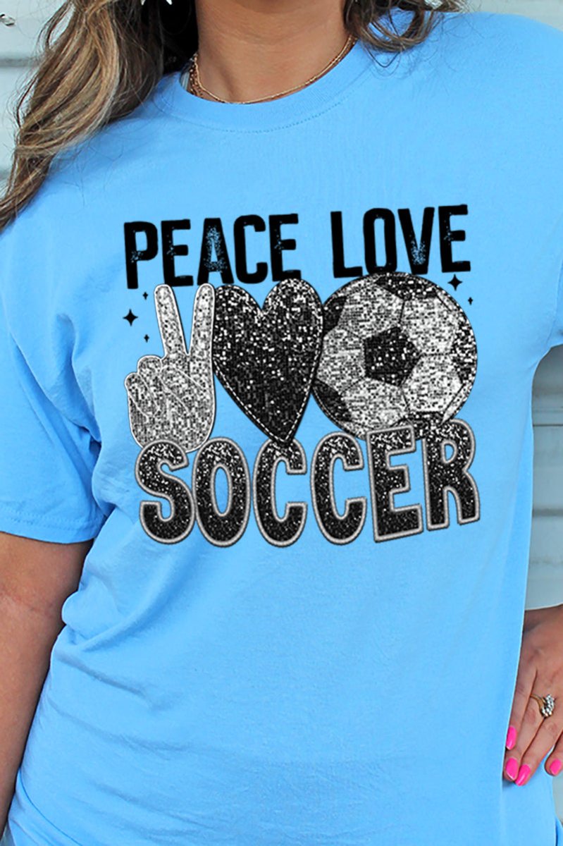 Unisex Blend Faux Sequin Graphic Peace Love Soccer Heat Transfer T-Shirt