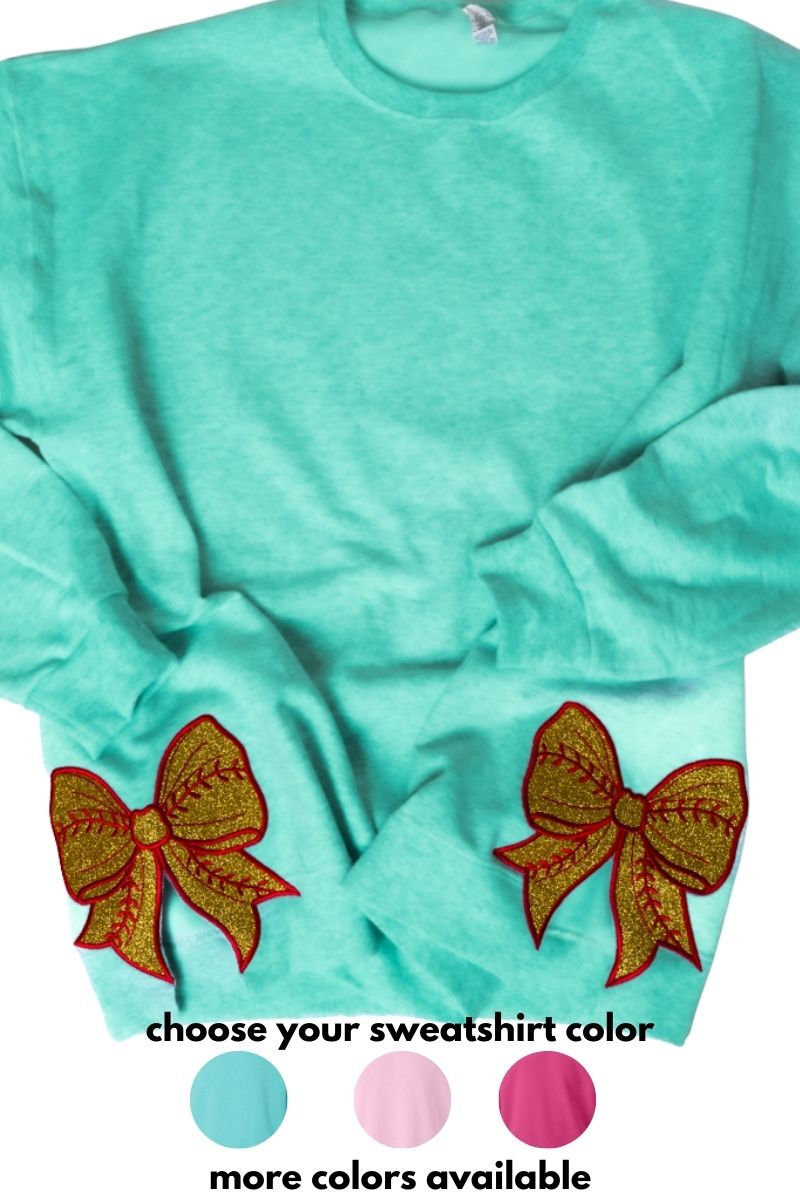 Softball NuBlend Sweatshirt with Fashionable Embroidered Side Bows - Customizable with Your Own Text