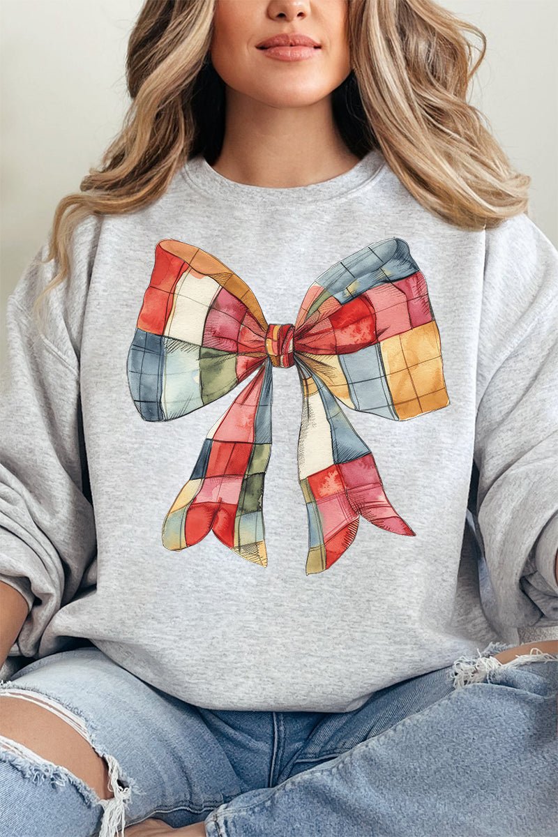 Red Bow Faux Patchwork Style Heavyweight Unisex Crew Neck Sweatshirt for Everyday Wear