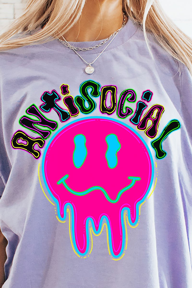Neon Antisocial Smile Short-Sleeved Relaxed-Fit Unisex Graphic T-Shirt for Fun Wear