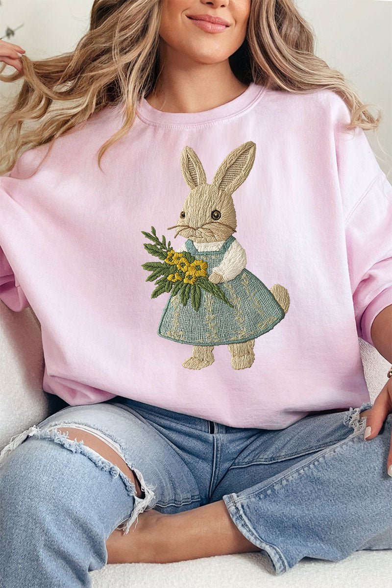 Vintage-Style Faux Embroidery Bunny Design Unisex NuBlend Crewneck Sweatshirt for Comfort and Fashion