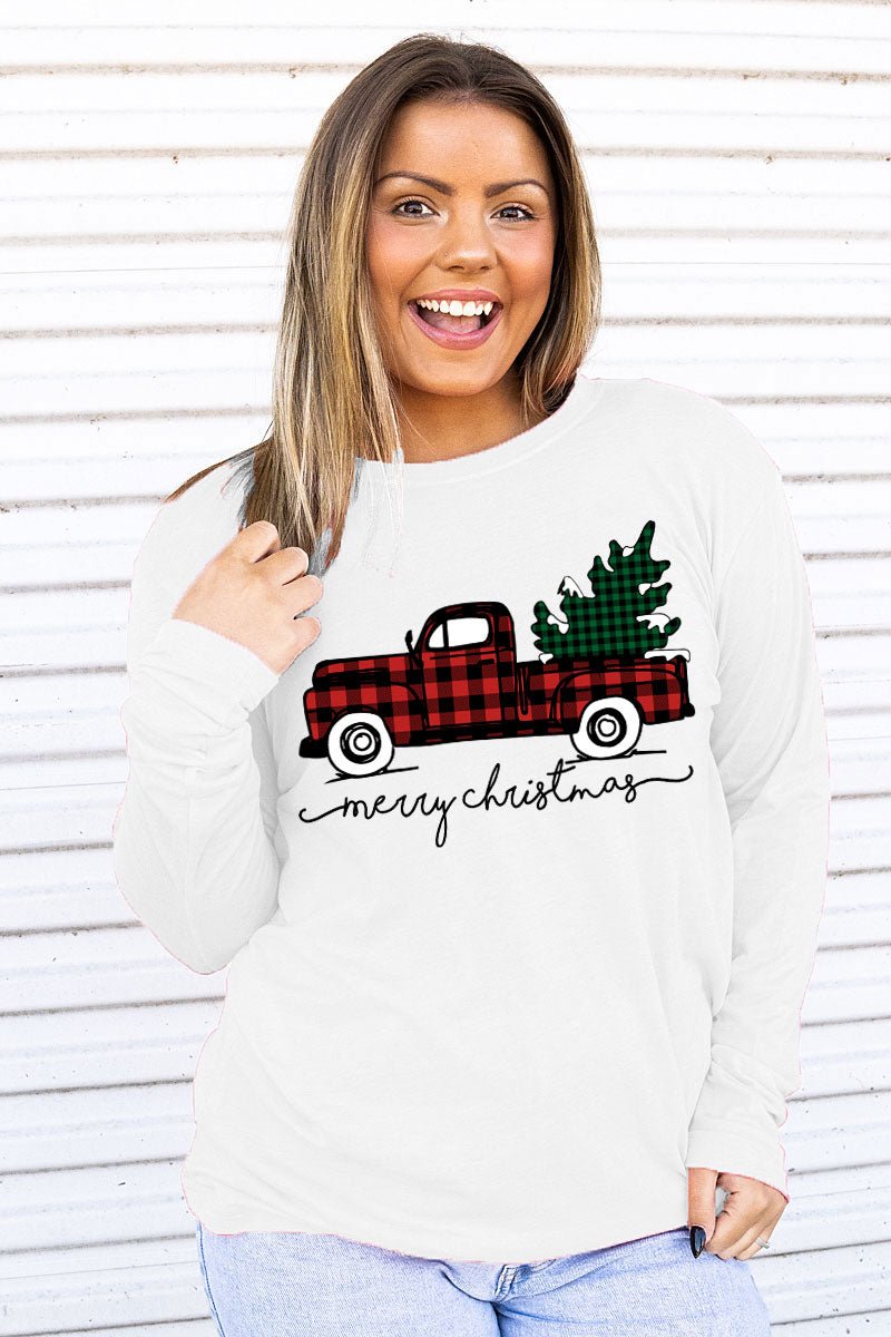 Adult Soft-Tek Blend Long Sleeve Christmas-themed Buffalo Plaid Graphic Truck T-Shirt