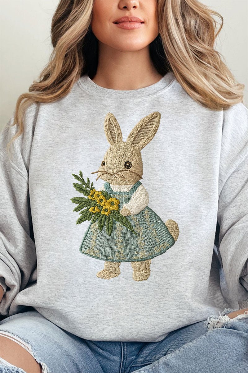Vintage-Style Faux Embroidery Bunny Design Unisex NuBlend Crewneck Sweatshirt for Comfort and Fashion