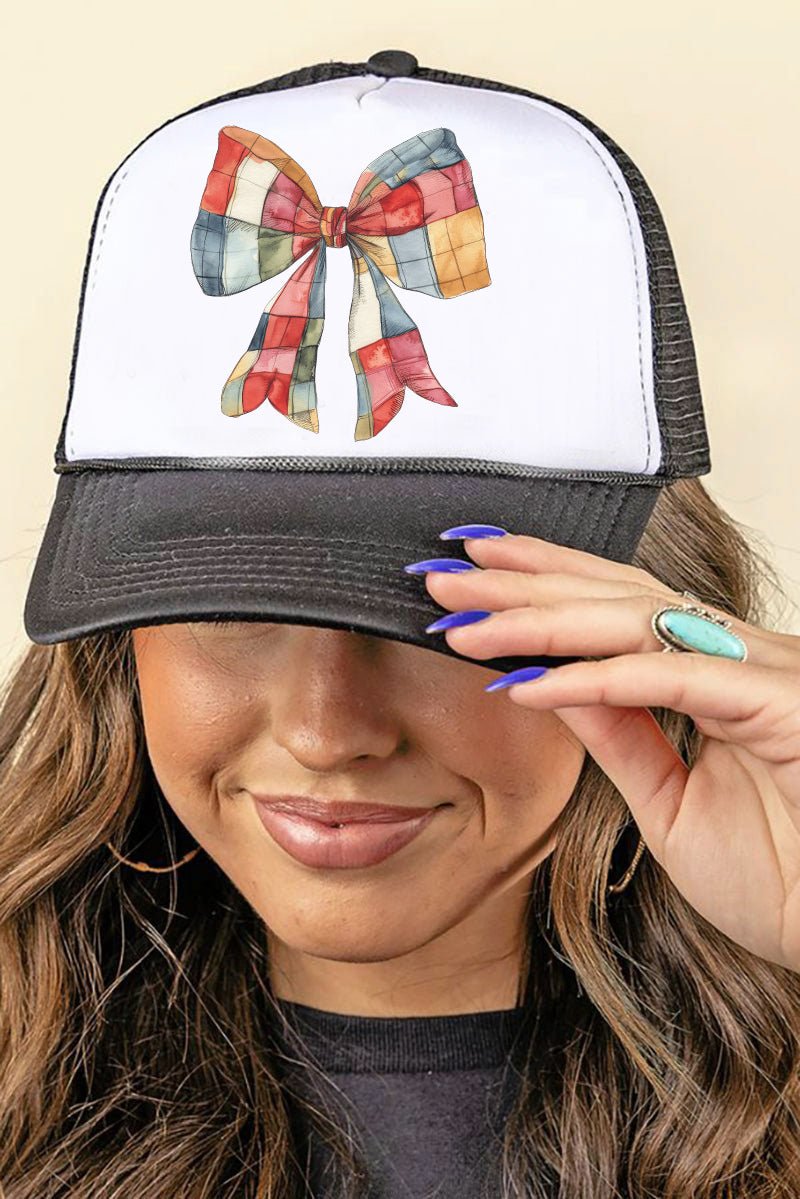 Stylish Faux Red Patchwork Bow Foam Mesh Back Trucker Hat
