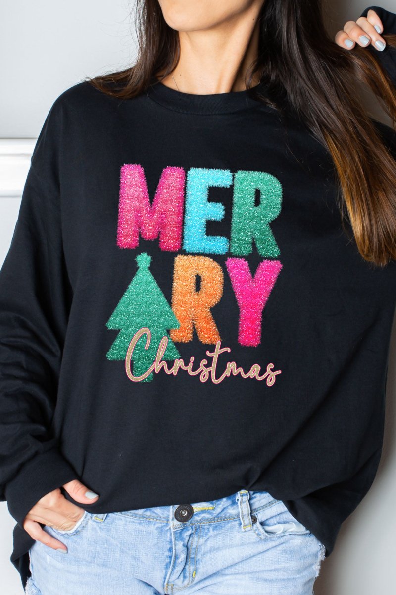 Adult Heavy Cotton Long Sleeve T-Shirt with Faux Tinsel Merry Christmas Heat Transfer