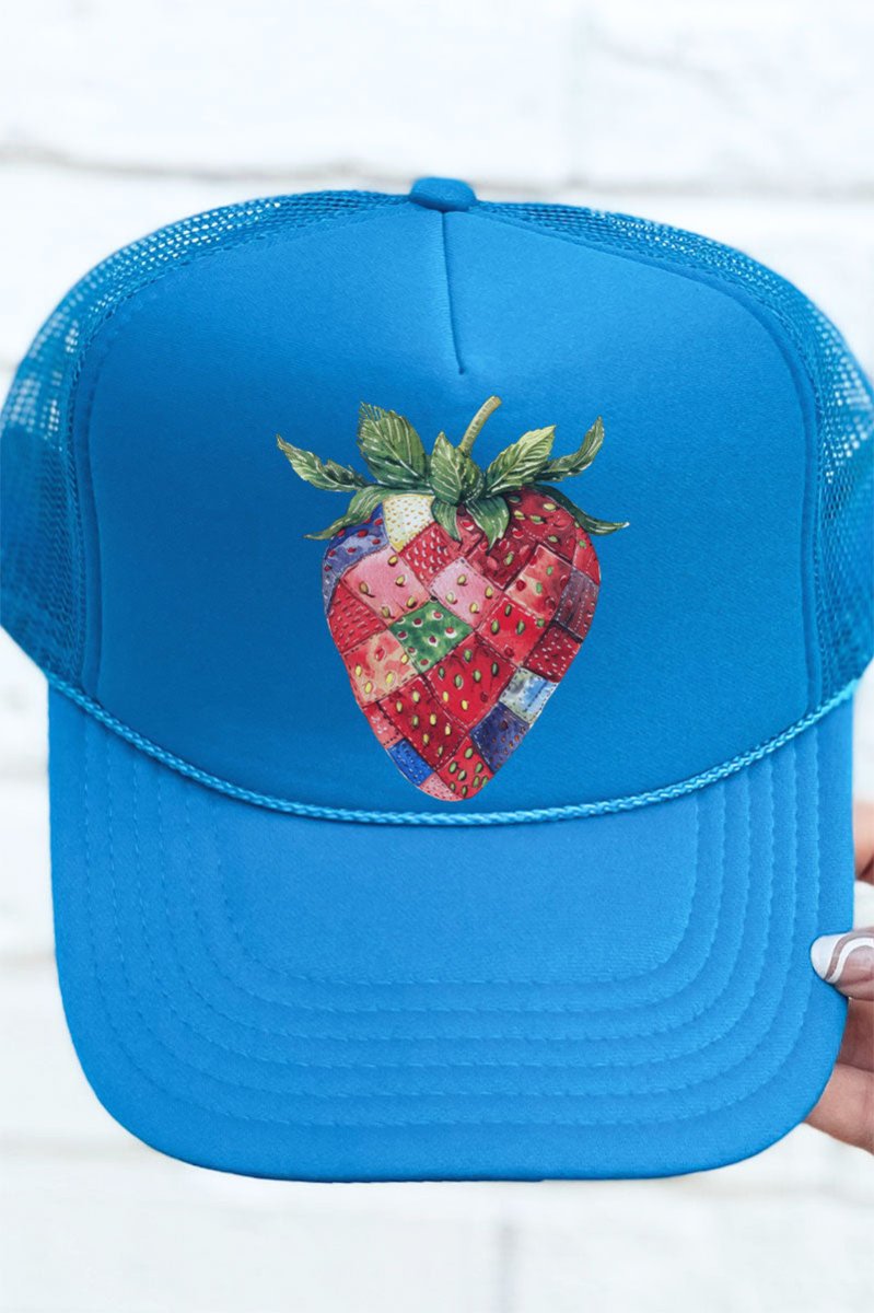 Fashionable Faux Patchwork Strawberry Otto Columbia Blue Foam Front Trucker Style Hat for Adults