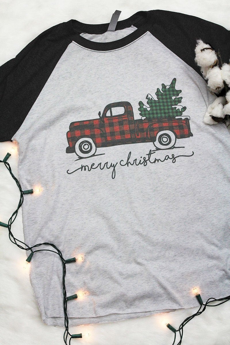 Unisex Merry Christmas Buffalo Plaid 3/4 Raglan Tri - Blend Graphic T - Shirt for Trucks