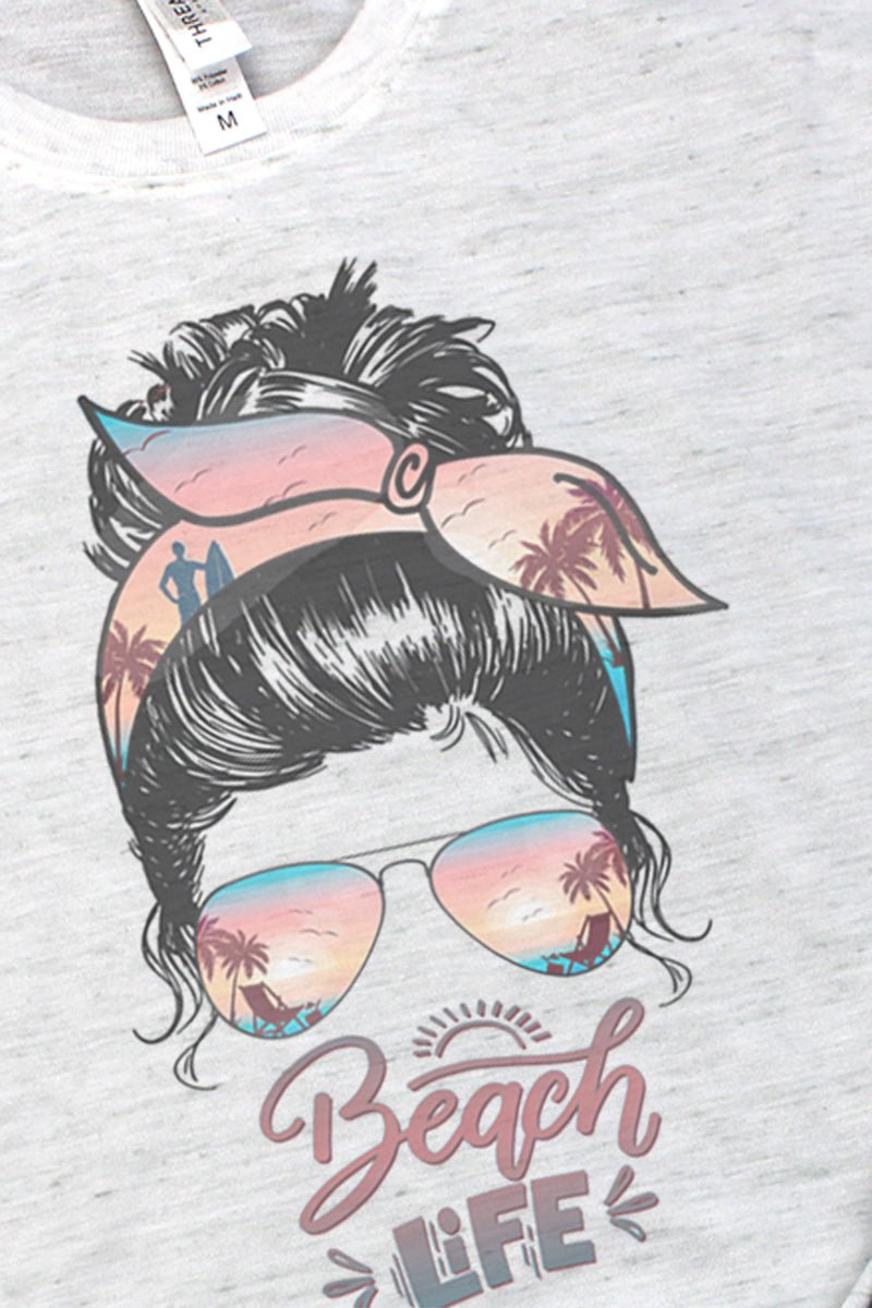 Vintage-Style Messy Bun Beach Life Short Sleeve Blizzard Graphic Jersey T-Shirt