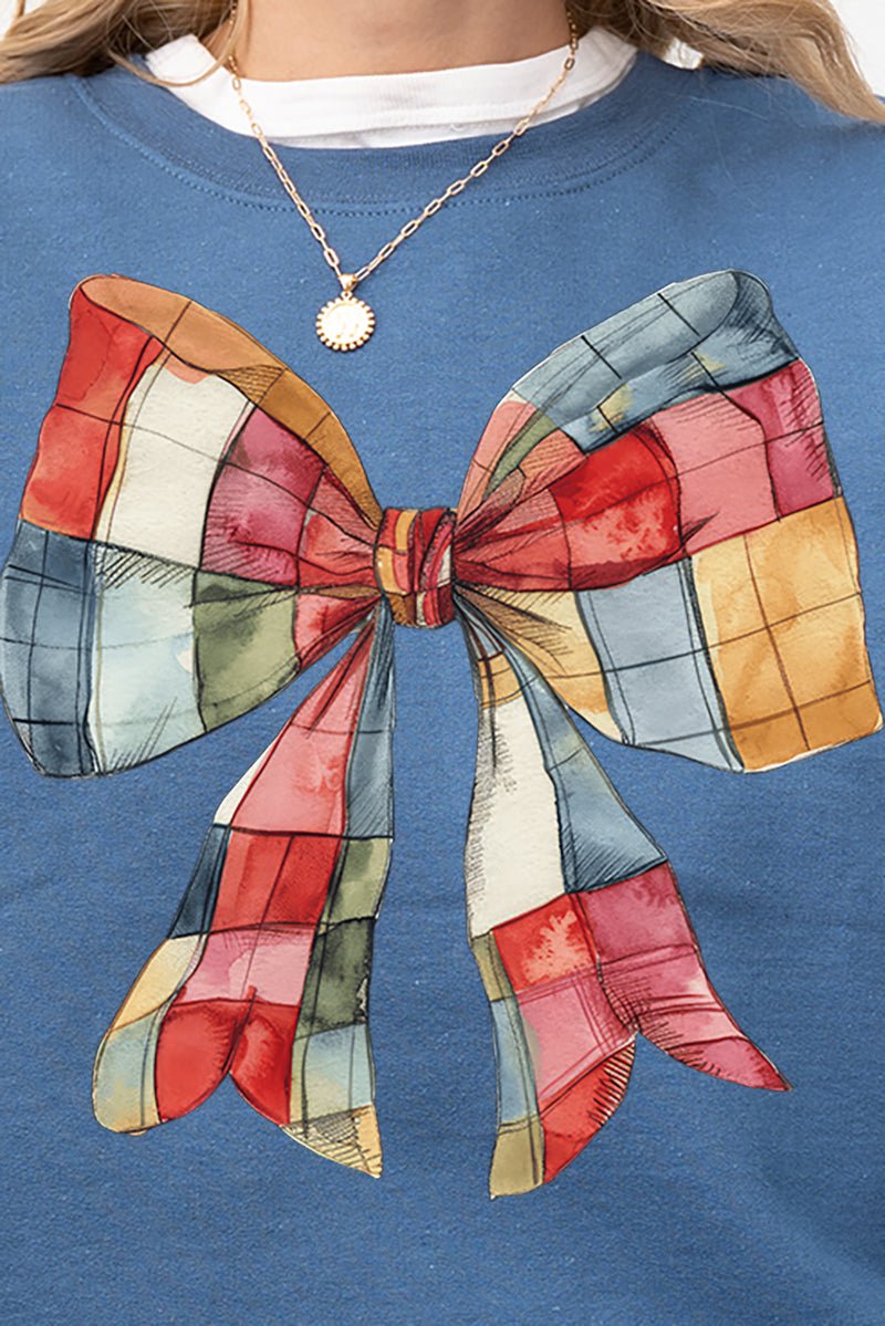 Red Bow Faux Patchwork Style Heavyweight Unisex Crew Neck Sweatshirt for Everyday Wear
