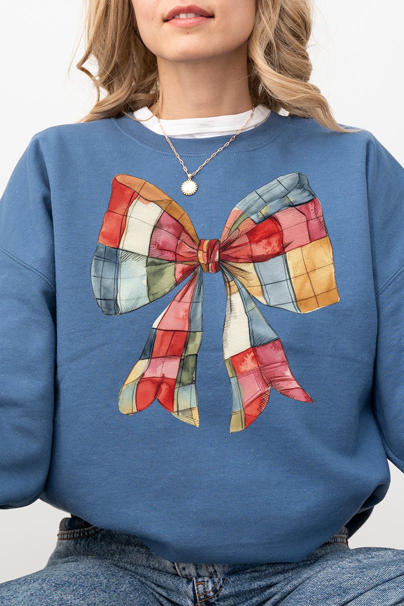 Red Bow Faux Patchwork Style Heavyweight Unisex Crew Neck Sweatshirt for Everyday Wear