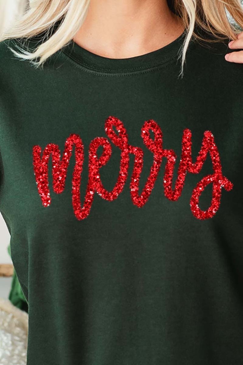 Unisex NuBlend Crew Merry Script Faux Tinsel Heat - Transfer Sweatshirt