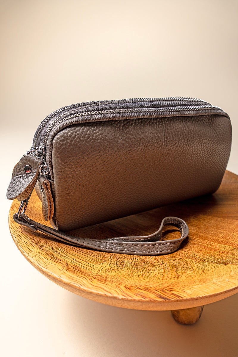 Stylish NGIL Gray Authentic Leather Triple - Zip Wristlet for Daily Use