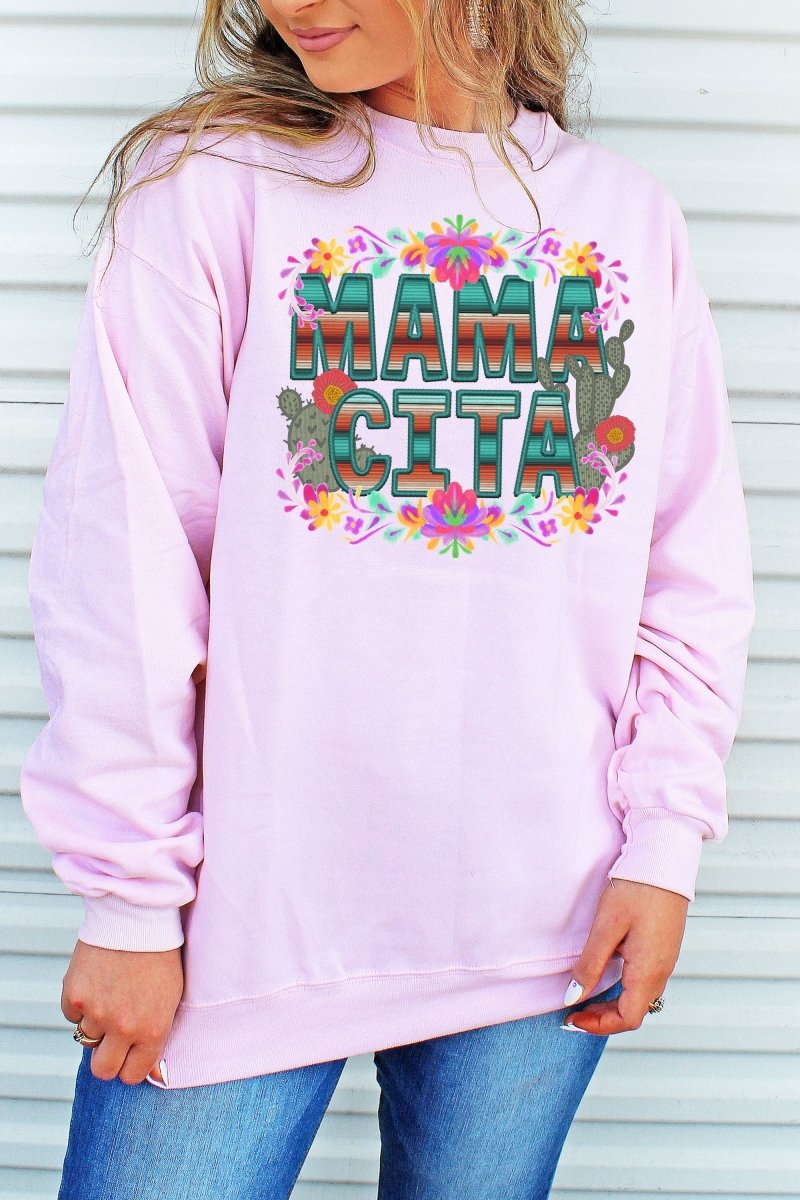 Unisex NuBlend Crew Sweatshirt with Faux Embroidery Mamacita Heat Transfer Graphic