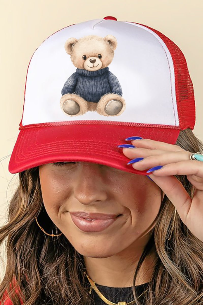 Vintage Navy Teddy Bear Design Foam Front Mesh Back Trucker Cap