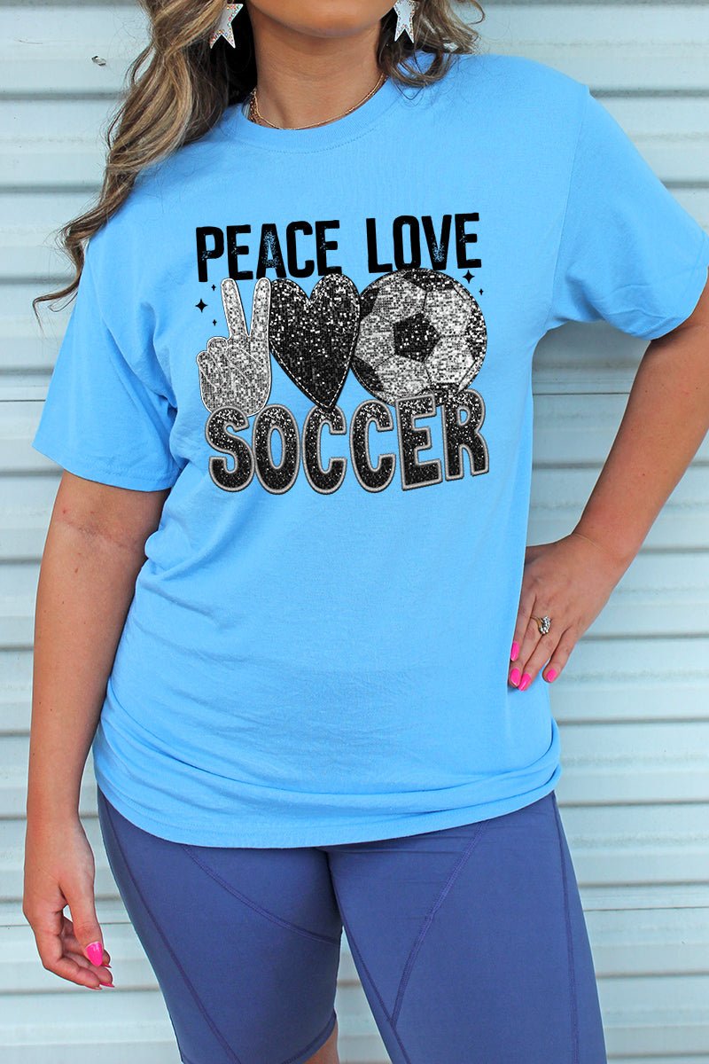 Unisex Blend Faux Sequin Graphic Peace Love Soccer Heat Transfer T-Shirt
