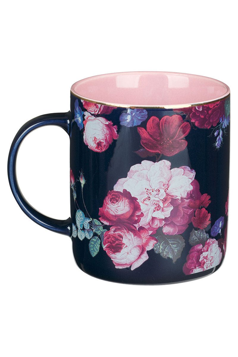 Inspirational Midnight Blue Floral Design Ceramic Tea Mug for Sipping Hot Beverages