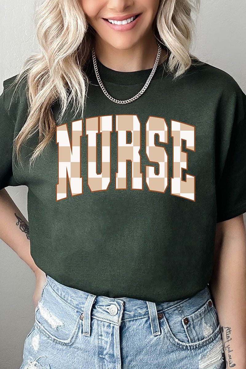 Checkerboard Graphic Nurse Short - Sleeve Unisex Relaxed - Fit T - Shirt