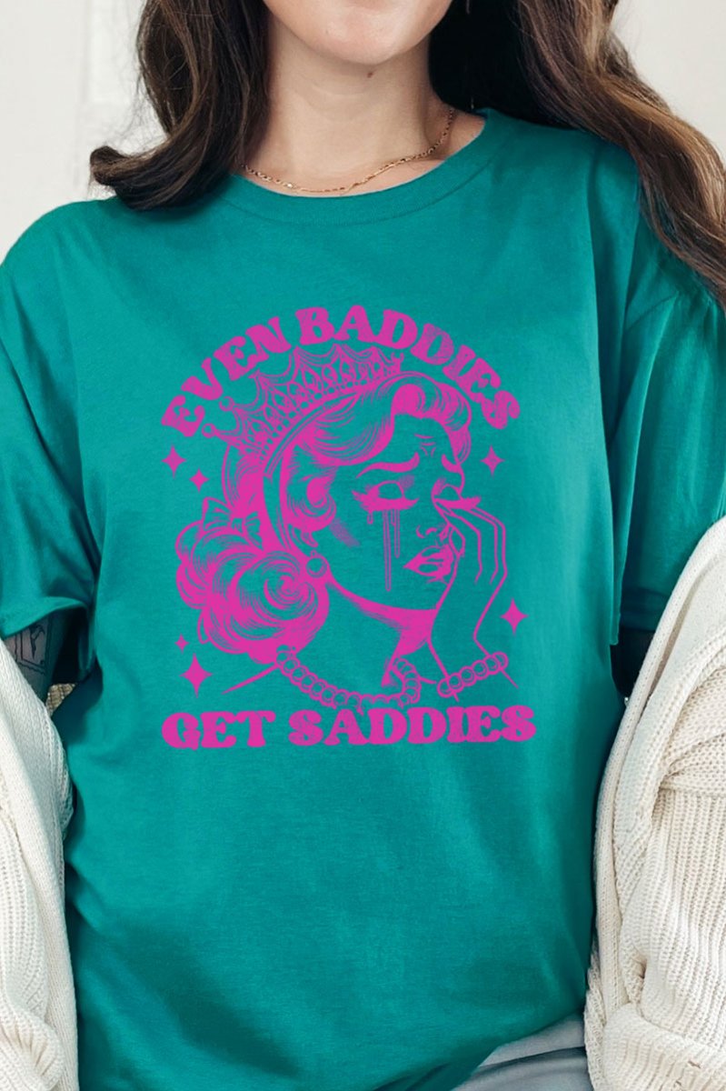 Casual Short Sleeve Relaxed Fit Graphic T-Shirt for Trendy Individuals (Baddies Get Saddies Design)