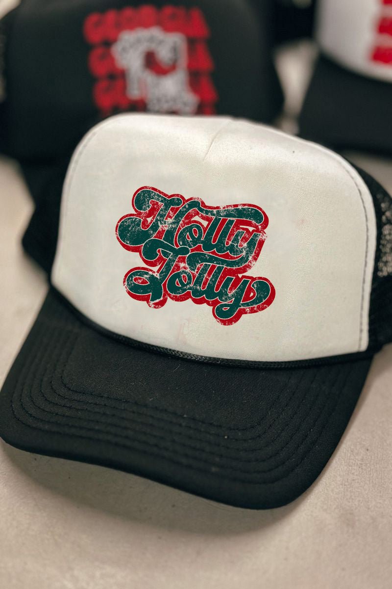 Fashionable Distressed Holly Jolly Foam Mesh-Backed Trucker Cap with Groovy Design
