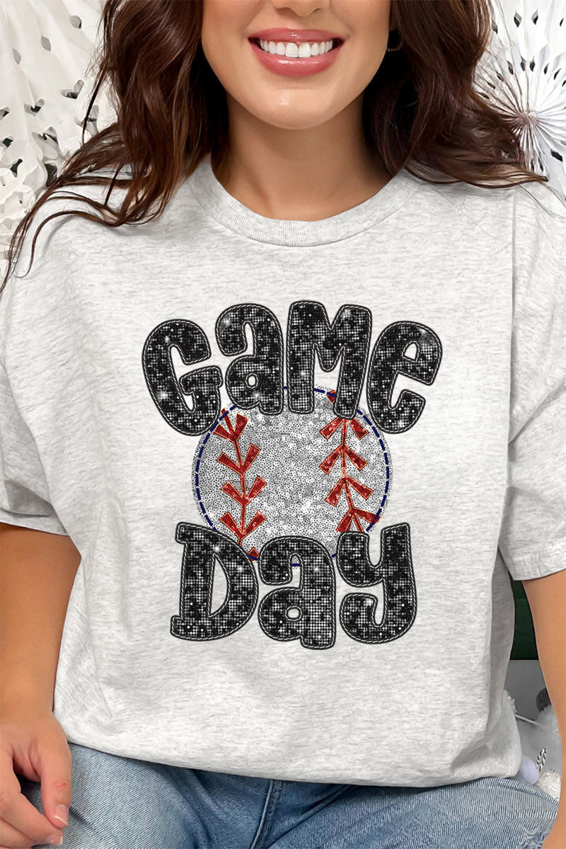 Game Day Short Sleeve Relaxed Fit Faux Sequin Heat - Transfer Baseball T - Shirt