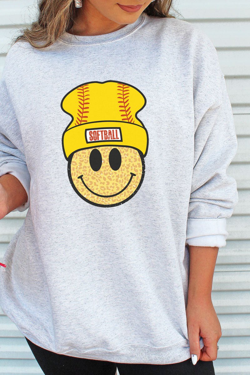 Heavy-weight Crew Beanie Softball Sweatshirt with Happy Face Design