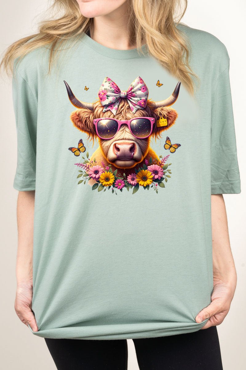 Glamorous Spring-themed Highland Cow Pattern Combed Cotton Casual T-Shirt for Everyday Wear