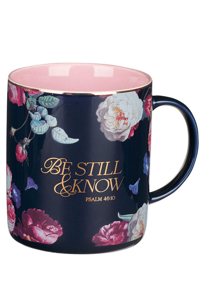 Inspirational Midnight Blue Floral Design Ceramic Tea Mug for Sipping Hot Beverages