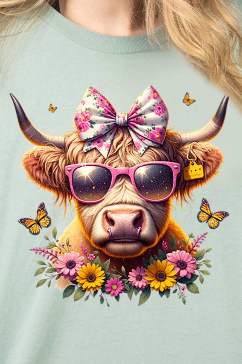 Glamorous Spring-themed Highland Cow Pattern Combed Cotton Casual T-Shirt for Everyday Wear