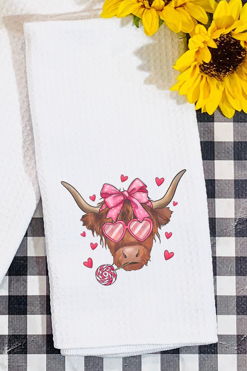 Heart - Filled Highland Cow Waffle - Textured Kitchen Towel