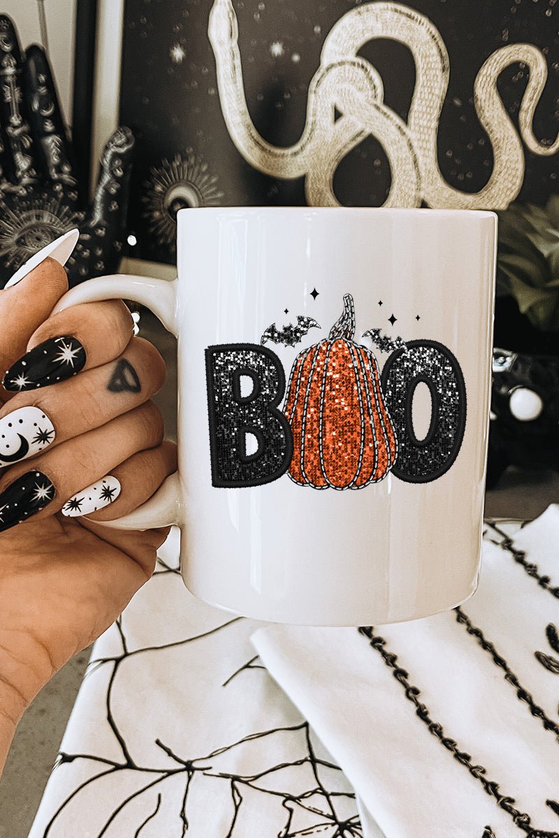 White Mug with Faux Sequin Boo Transfer Design for Beverages