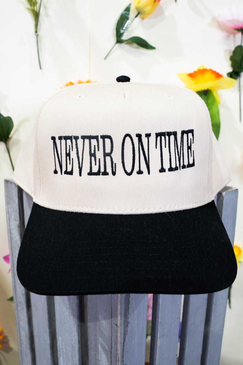 Fashionable Embroidered Five-Panel Twill Snapback Cap That's Always Fashionably 'Never On Time'