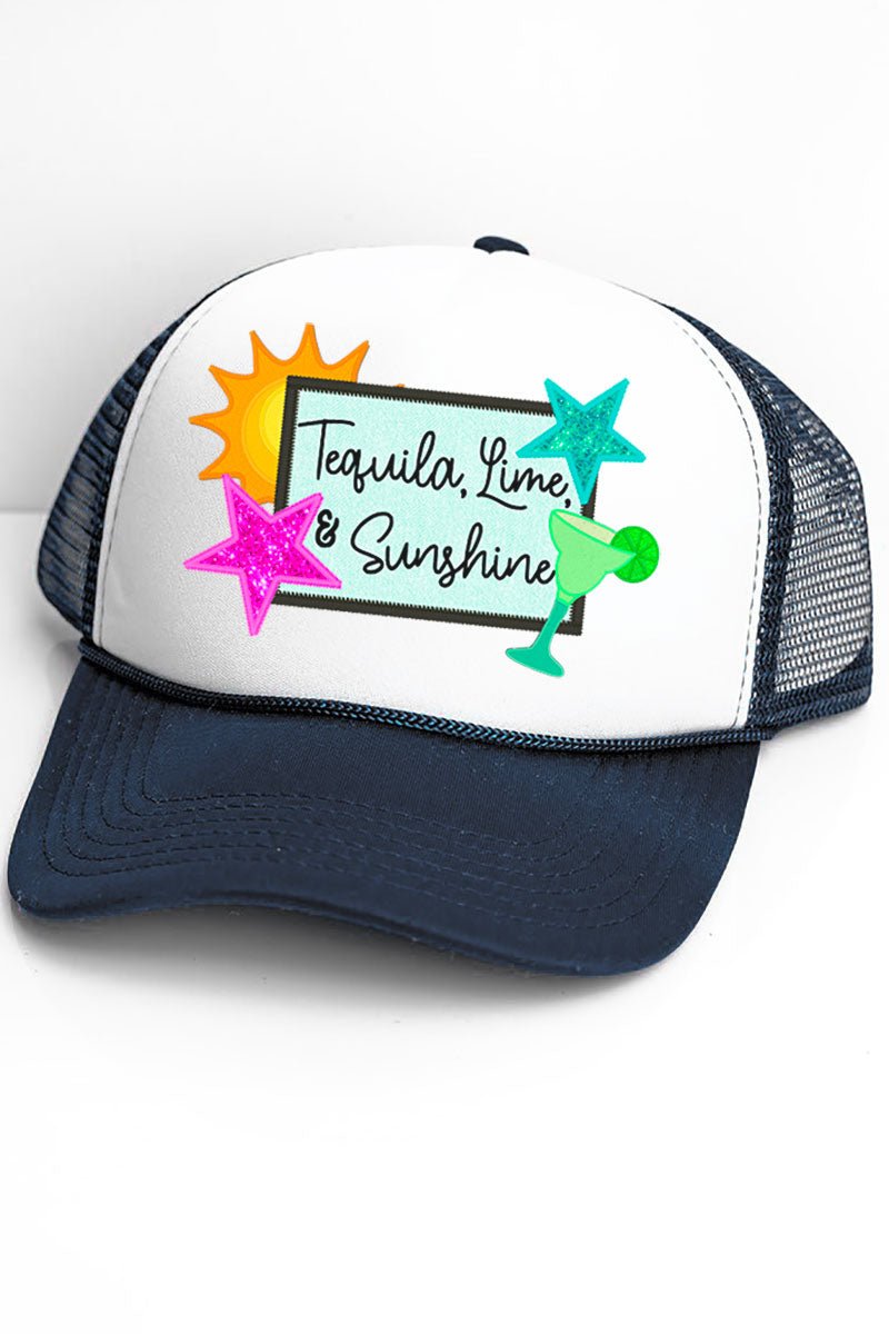 Stylish Faux Patch Transfer Foam Mesh Back Trucker Cap Featuring Tequila, Lime, And Sunshine Design