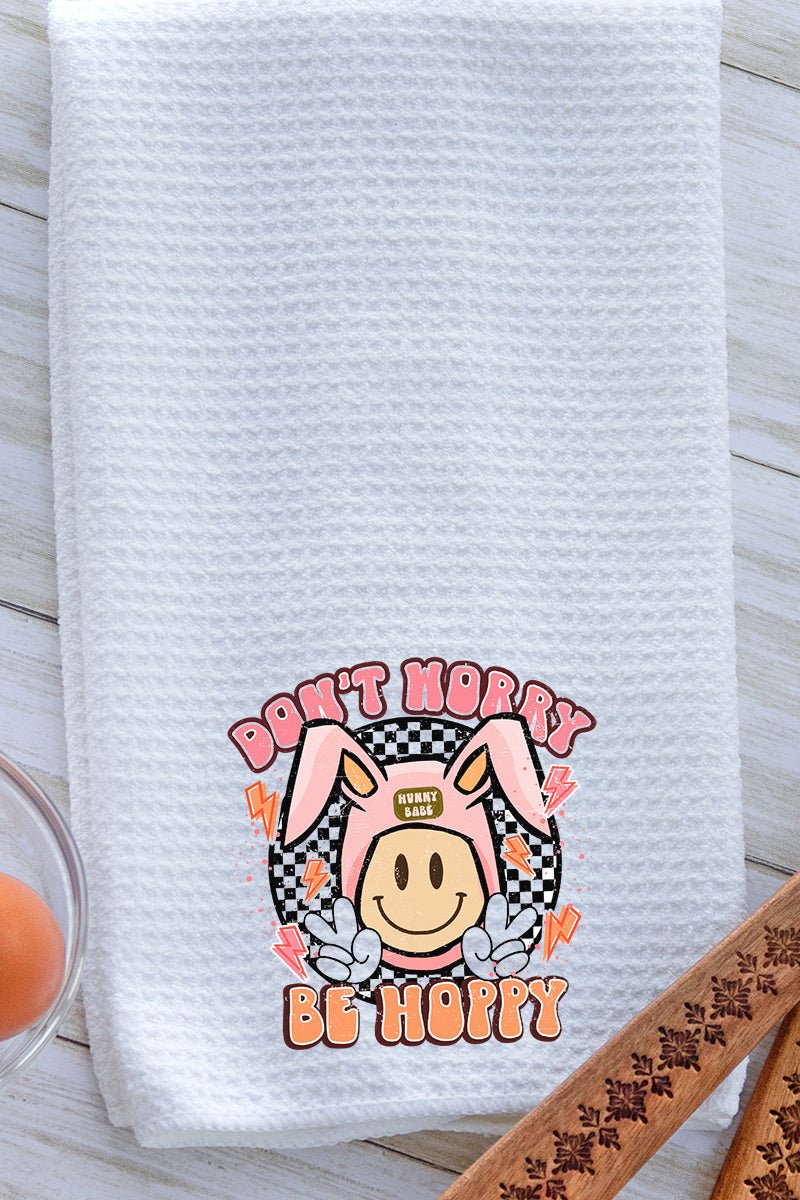 Easter Waffle Design Polyester-Polyamide Kitchen Towel - Don't Worry, Be Hoppy