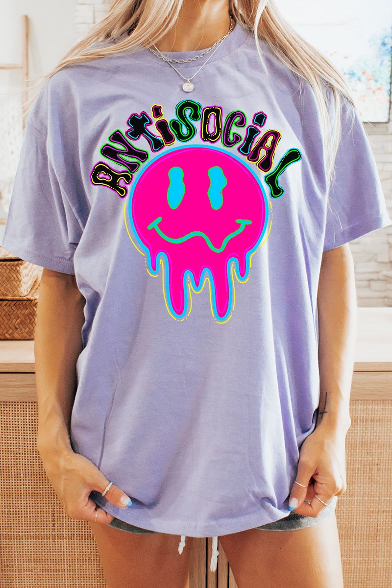 Neon Antisocial Smile Short-Sleeved Relaxed-Fit Unisex Graphic T-Shirt for Fun Wear