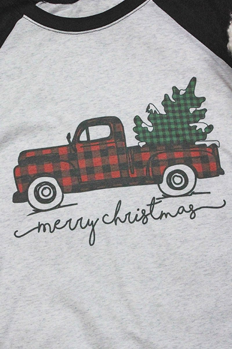Unisex Merry Christmas Buffalo Plaid 3/4 Raglan Tri - Blend Graphic T - Shirt for Trucks