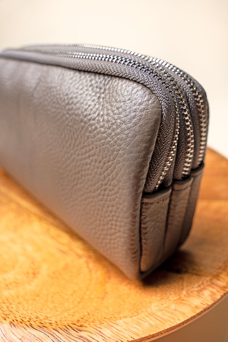 Stylish NGIL Gray Authentic Leather Triple - Zip Wristlet for Daily Use