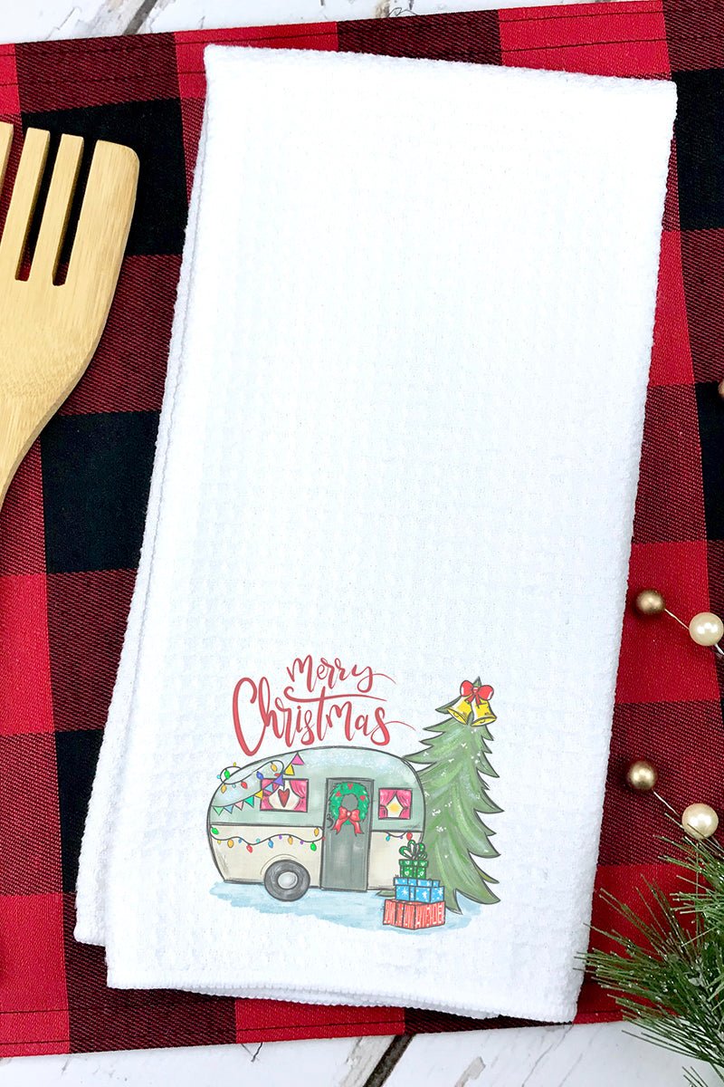 Festive Camper Merry Christmas-themed Waffle-patterned Kitchen and Bathroom Tea Towel