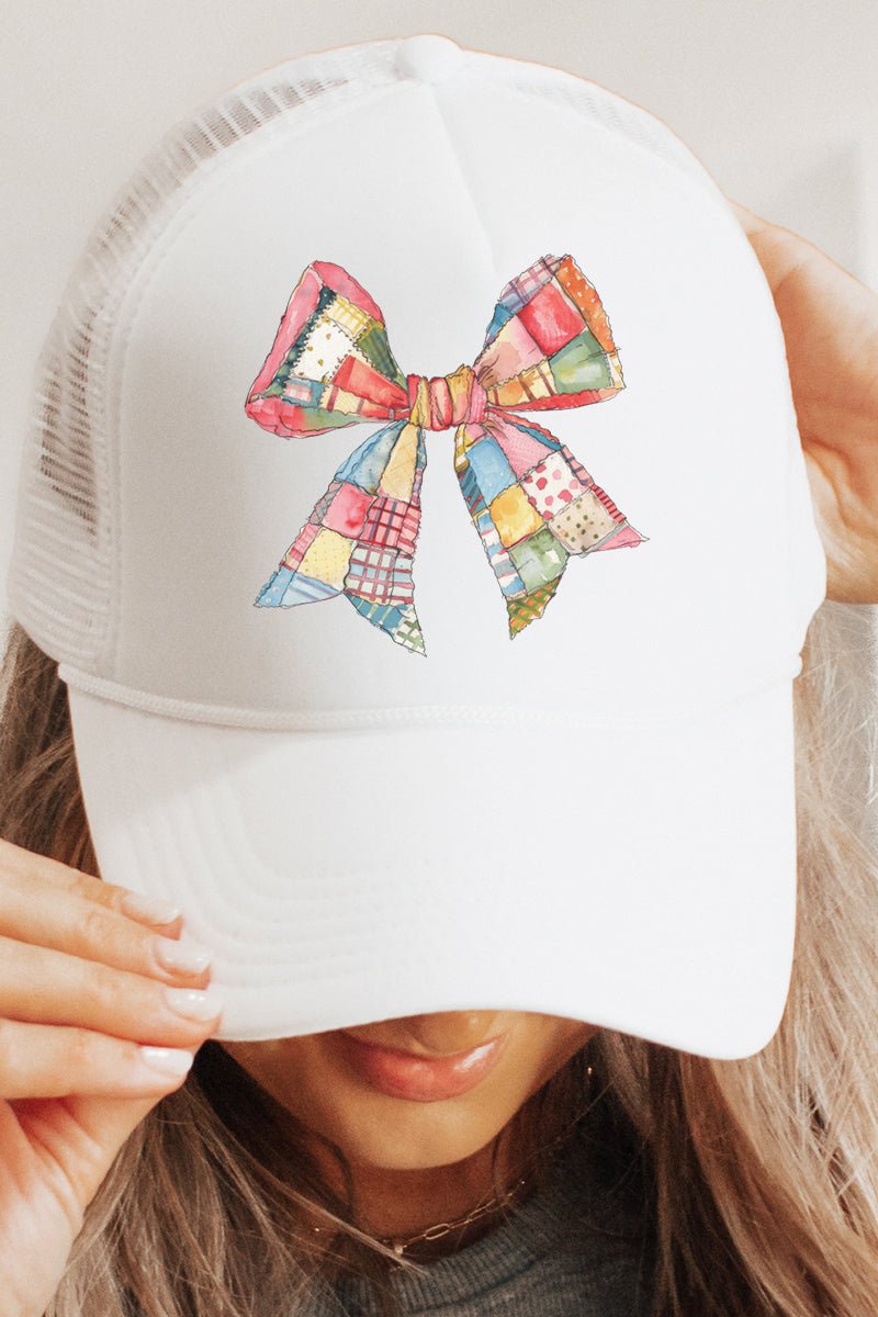 Fashionable Faux Patchwork Quilt Stripe Bow Design Foam Front Mesh Back Trucker Style Baseball Cap
