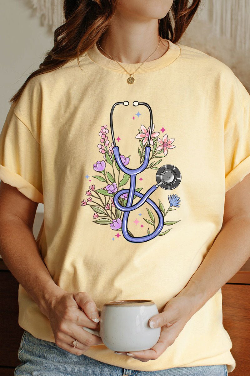 Short Sleeve Floral Stethoscope Graphic Relaxed Fit Unisex T-Shirt for a Fun Look