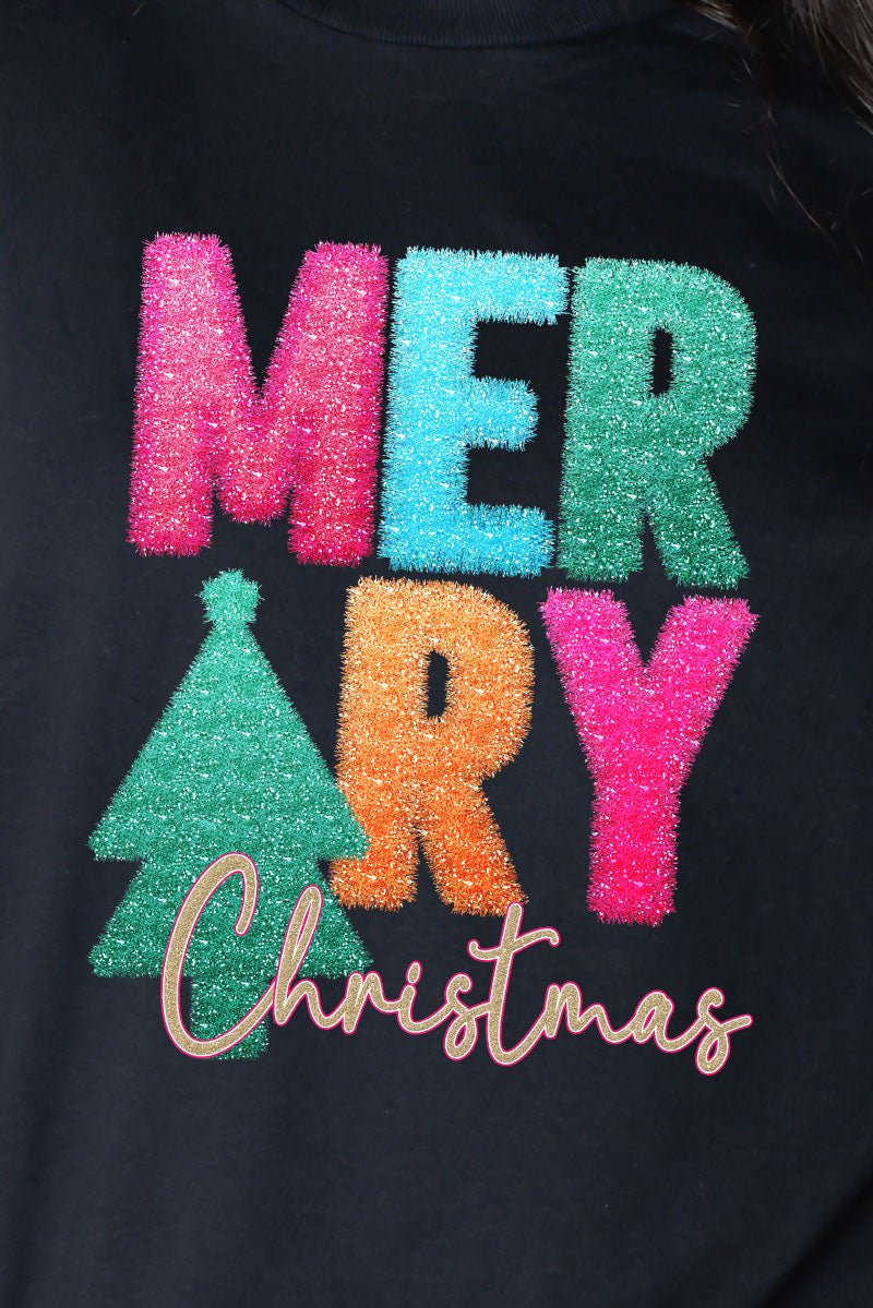 Adult Heavy Cotton Long Sleeve T-Shirt with Faux Tinsel Merry Christmas Heat Transfer