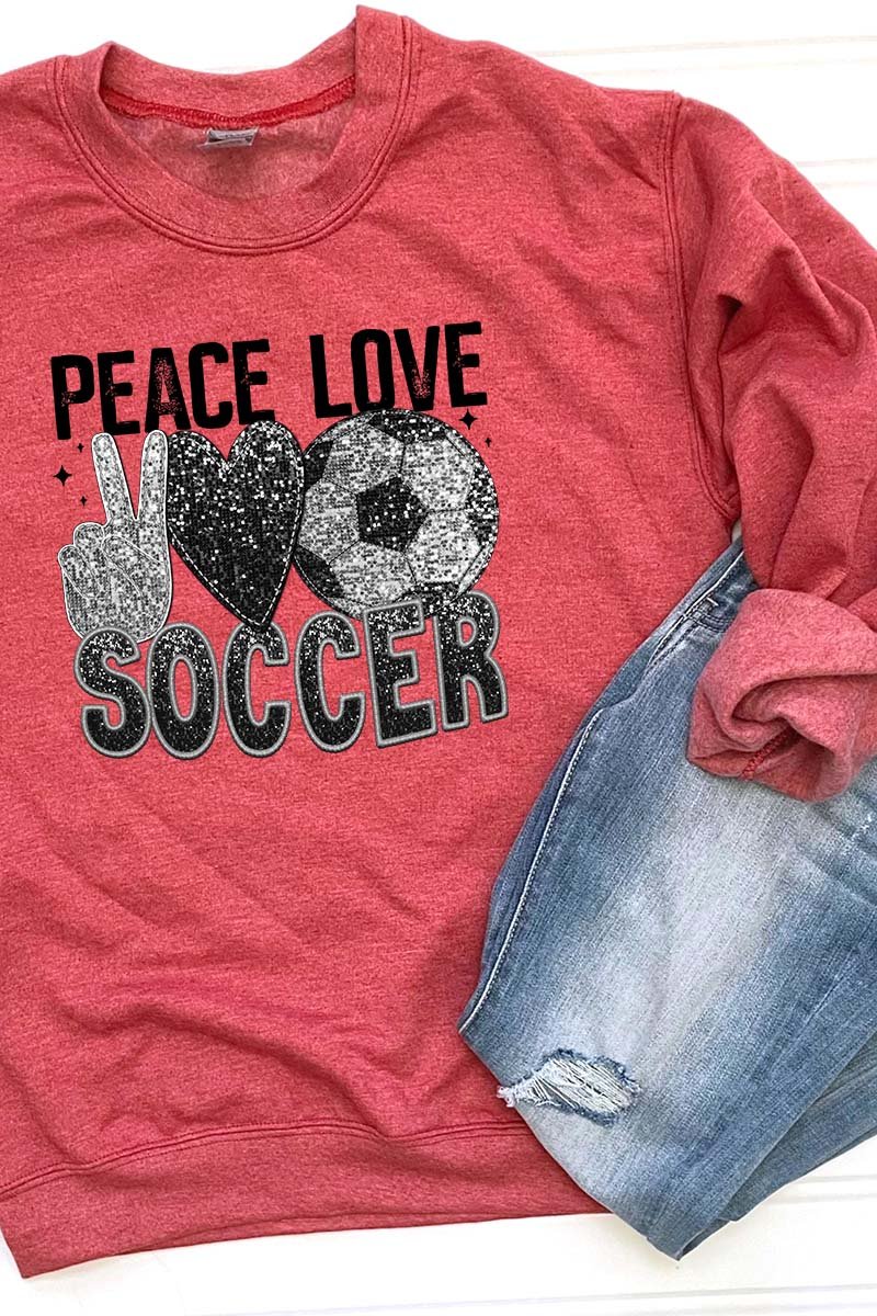 Unisex NuBlend Crew Style Faux Sequin Graphic Peace Love Soccer Heat Transfer Sweatshirt