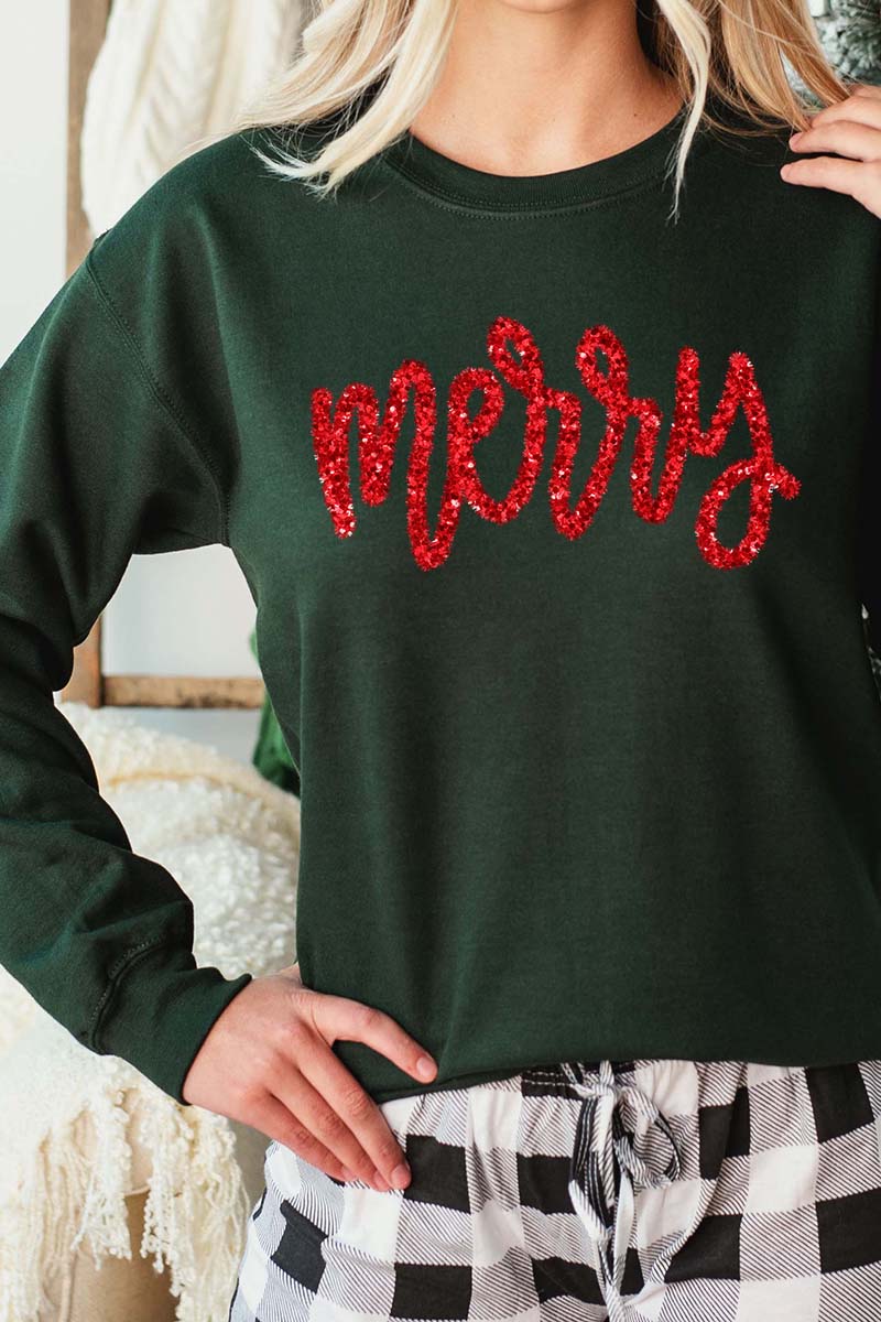 Unisex NuBlend Crew Merry Script Faux Tinsel Heat - Transfer Sweatshirt