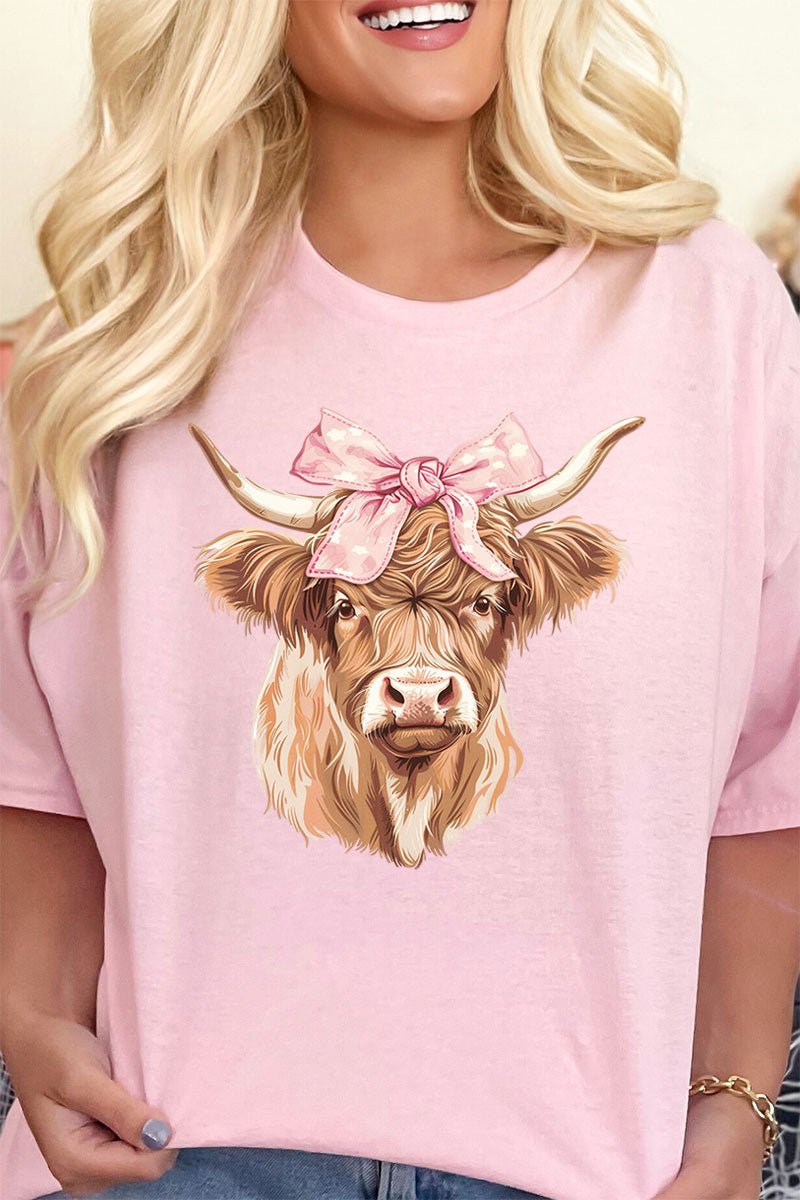 Adult Softstyle Graphic T-Shirt Featuring Highland Cow Bow Design